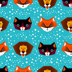Little Animals Seamless Pattern, illustratione, vector, cats, lions, foxes, retro, geometric, shapes, children, childlike, kids art