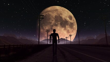 Seamless animation of man silhouette walking on a night desert road to the moon