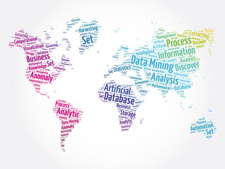 Fototapeta na wymiar Data Mining - Technology Strategy word cloud in shape of world map, business concept background