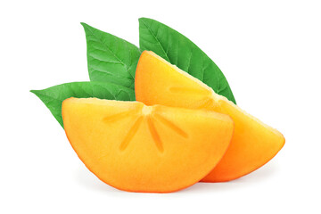 Naklejka na ściany i meble slice of Persimmon fruit with leaves isolated on white background close-up