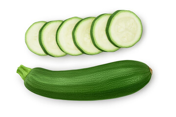 Fresh whole zucchini isolated on white background with clipping path and full depth of field, Top view. Flat lay