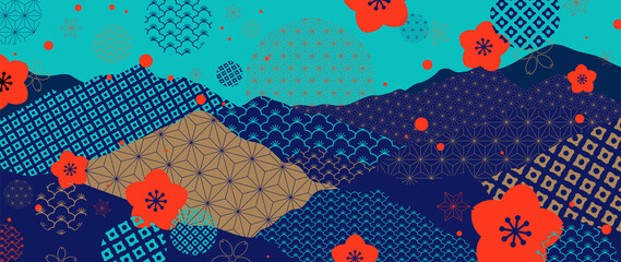 Modern luxury oriental style background vector. Mountain landscape wallpaper. Japanese , Chinese oriental line art with golden texture, Swan bird and sun. Natural Wall arts for print and home decor. © TWINS DESIGN STUDIO