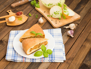 Traditional Russian food. Vegetarian dish. Cabbage pie. Homemade pie with cabbage. Russian cabbage pie. Russian cuisine. Vegetable pie
