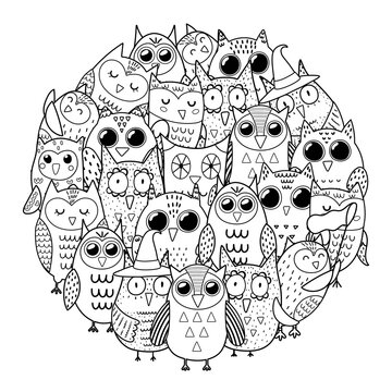 Circle shape coloring page with owls. Black and white print for coloring book with cute birds. Outline background. Vector illustration
