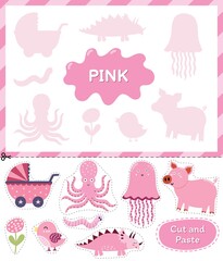 Pink color. Cut the elements and match them with the right shadows. Learning color pink educational game for kids. Cut and paste activity for toddlers. Vector illustration
