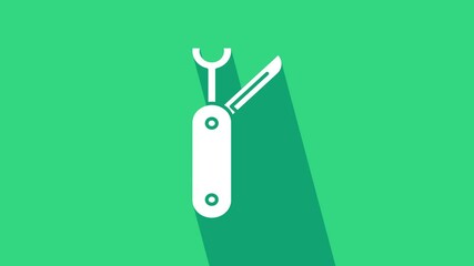 White Swiss army knife icon isolated on green background. Multi-tool, multipurpose penknife. Multifunctional tool. 4K Video motion graphic animation.