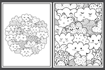 Coloring pages set with cute clouds. Doodle cosmic characters templates for coloring book. Collection with black and white colouring pages for adults and kids. Vector illustration
