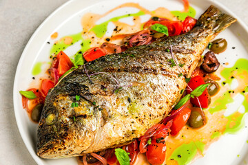 Grilled dorada fish with vegetables, close-up