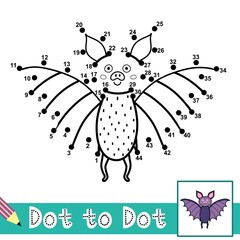Dot to dot numbers game with a cute bat. Connect the dots activity page for kids. Educational puzzle for children. Vector illustration 