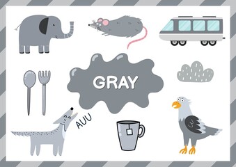 Gray. Educational worksheet for kids. Learning the color gray set. Activity page with main color for toddlers. Vector illustration