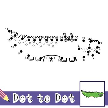 Dot to dot numbers game with cute alligator. Connect the dots activity page for kids. Educational puzzle for children. Vector illustration 