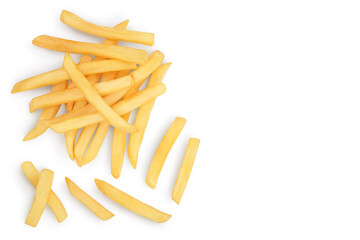 French fries or fried potatoes isolated on white background with clipping path . Top view with copy space for your text. Flat lay