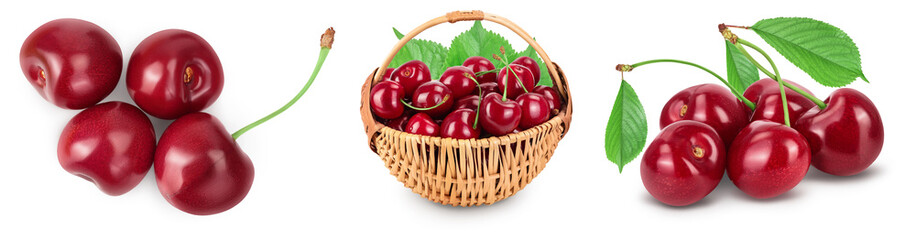 red sweet cherry isolated on white background with full depth of field. Set collection