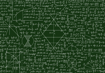 Educational school vector seamless pattern with math formulas, handwritten  on the green chalkboard - 407400767