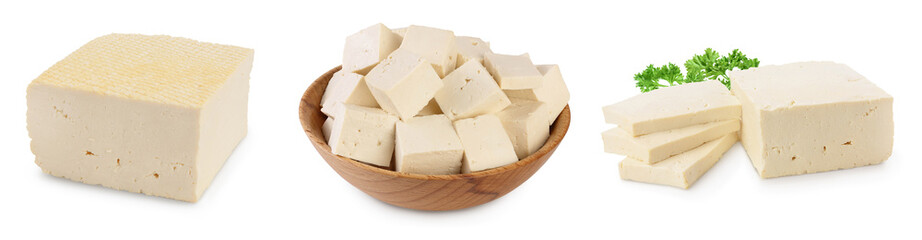 tofu cheese isolated on white background with clipping path and full depth of field, Set or collection - obrazy, fototapety, plakaty