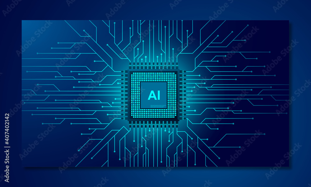 Poster artificial intelligence web banner. 3d isometric illustration of a processor chip. the process of da