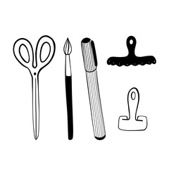 Office stationery: pen, brush, scissors, binder, paper clip. Materials for creativity. Doodle vector illustration