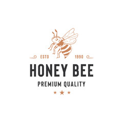 Honey bee logo template. Hand drawn vintage style illustrations
