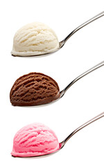 Strawberry, vanilla and chocolate ice cream scoops in spoon isolated on white background