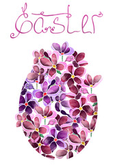 Egg easter flower and hand lettering in pink. Illustration of a stylized egg made from flowers.	