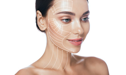 Lifting lines, advertising of face contour correction, skin and neck lifting. Facial rejuvenation...
