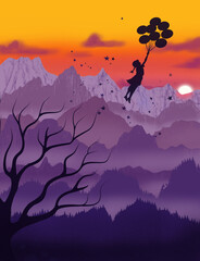 Illustrazione di bambina vola attaccata ai palloni sullo sfondo montagne al tramonto e albero morto