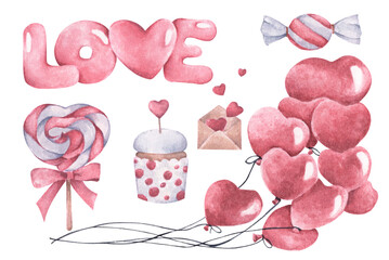 Cute watercolor romantic illustration set of design elements.