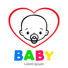Baby Shower. It's a Boy. Logotipo con texto BABY con caricatura de cara de bebé con chupete y corazón en rojo y negro