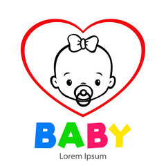 Baby Shower. It's a Girl. Logotipo con texto BABY con caricatura de cara de bebé con chupete, nudo de lazo y corazón en rojo y negro