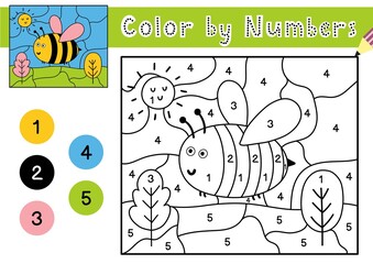 Color by number game for kids. Coloring page with a cute bee. Printable worksheet with solution for school and preschool. Learning numbers activity. Vector illustration