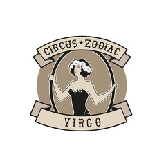 Zodiac Circus Emblem. Virgo sign. Young trapeze artist girl holding a hoop