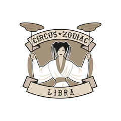 Zodiac Circus Emblem. Libra sign. Oriental girl juggling dishes on a pole