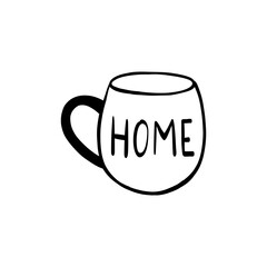Cup with the inscription home. Doodle vector illustration