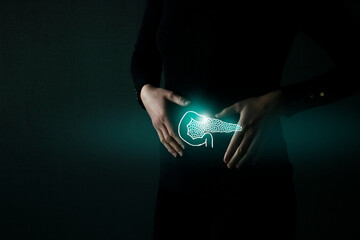 Highlighted pancreas organ low key illustration. Woman body on dark green background. Immune system...