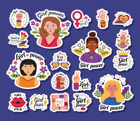 Girl power stickers icon set vector design