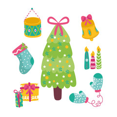 cute pine tree and icons decorative for merry christmas