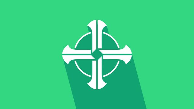 White Celtic cross icon isolated on green background. Happy Saint Patricks day. 4K Video motion graphic animation.