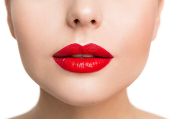 Lips Beauty Closeup, Woman Face Make Up and Red Lipstick Close Up. Isolated White