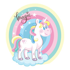 Fototapeta premium Vector unicorn cute character standing on cloud