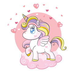 Vector cute baby unicorn character standing on cloud