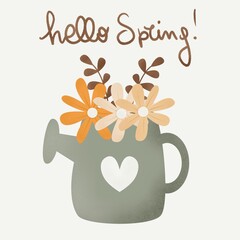 Cute beautiful floral bouquet in a watering can illustration, isolated on white background with hand drawn lettering hello spring text