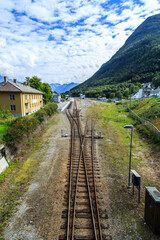 Fototapeta na wymiar High angle view of train tracks in a rural town