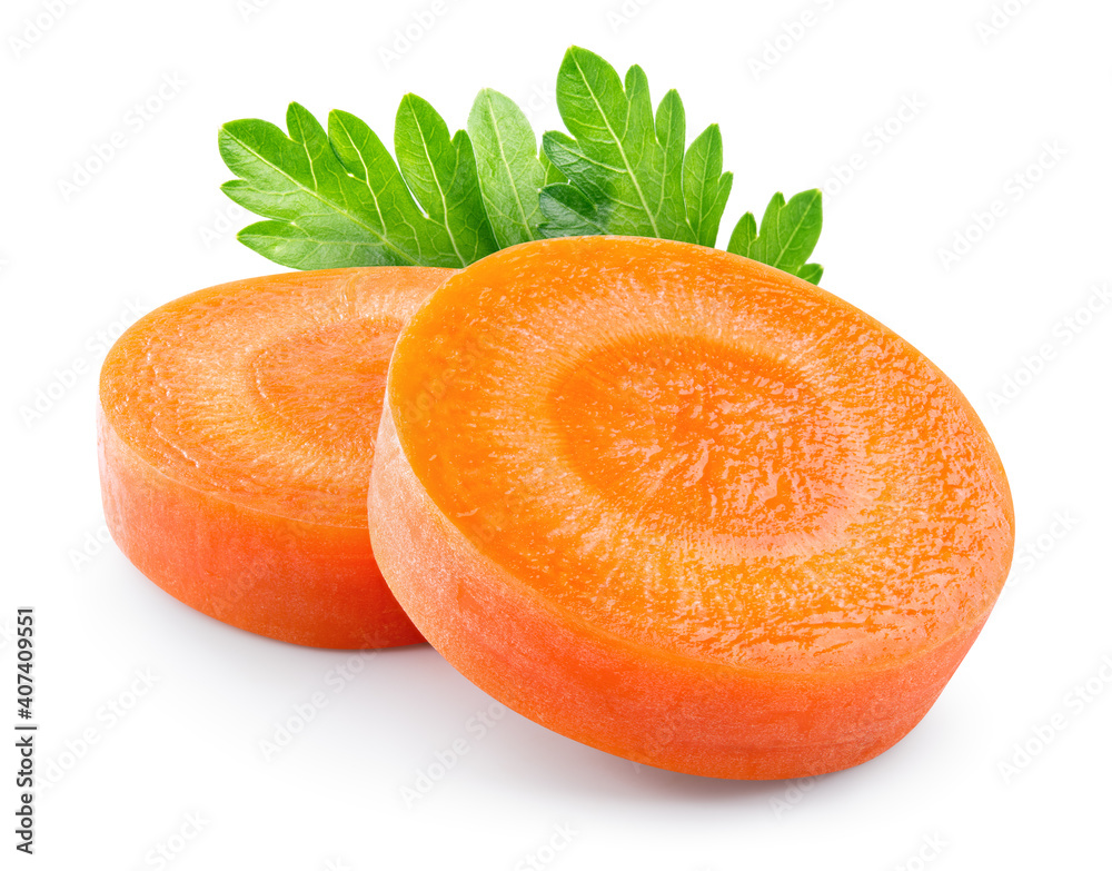 Wall mural carrot slice. carrot slice isolate. carrots, parsley on white background. vegetable with herbs. - Wall murals