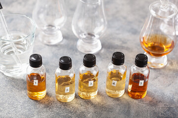 tasting bottles and glasses of whisky spirit brandy cognac. tasting at home