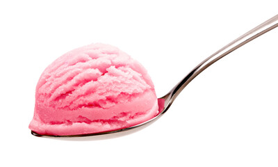 Strawberry ice cream scoop in metallic spoon isolated on white background including clipping path.
