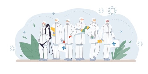 Set of cartoon flat doctor characters and nurses in uniform,white lab coats with medical devices-medic team,various poses and persons,coronavirus pandemic disease prevention,medical treatment concept