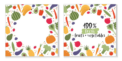 Colorful banner for grocery store or farmers market. Fresh fruits and vegetables background.