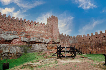 Interior of the Castle of Peracense, 10th-11th centuries with weapons of war of the period, in the province of Teruel, Aragon, Spain.