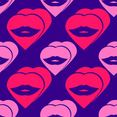 Abstract delicate background heart and lips on purple, texture for design, seamless pattern, vector illustration
