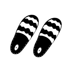 Soft fluffy home slippers, black with print. Hand-drawn doodle vector isolated on white background.